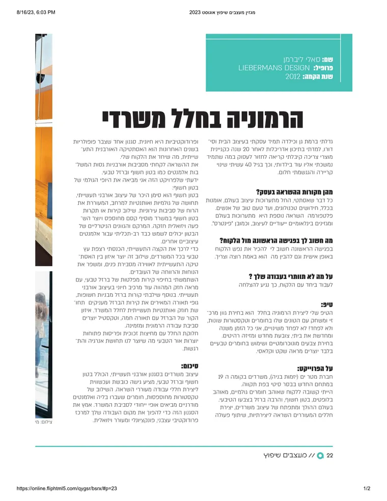 עמוד מהכתבה במעצבים שיפוץ, אוגוסט 2023